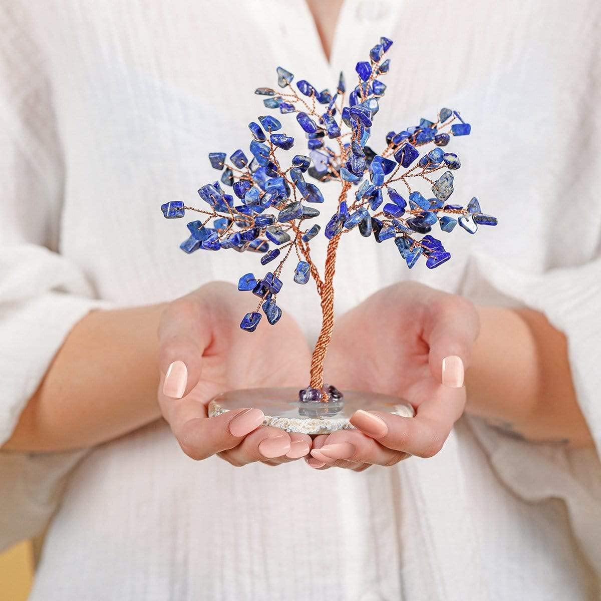 The Wisdom Keeper - Real Lapis Lazuli Stone Feng Shui Tree of Life to Manifest Your Dreams for Deep Grounding, Growth, and Fertility Hand-Wrapped with Copper Wire on Geode Base
