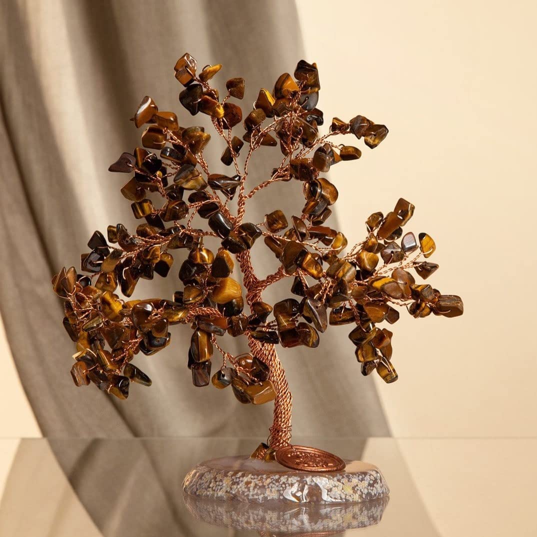 Real Tiger's Eye Stones Medium Feng Shui Tree of Life to Manifest Your Dreams Hand-Wrapped with Copper Wire on Geode Base to Bless Your Home