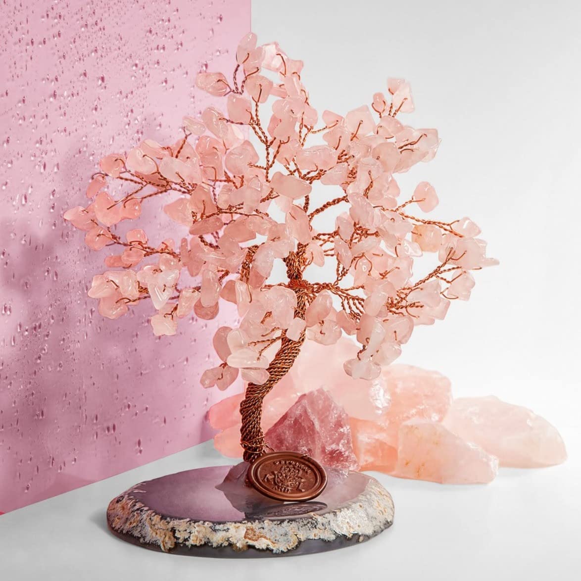 Real Rose Quartz Stones Feng Shui Small Tree of Life to Manifest Your Dreams Hand-Wrapped with Copper Wire Handmade in Bali