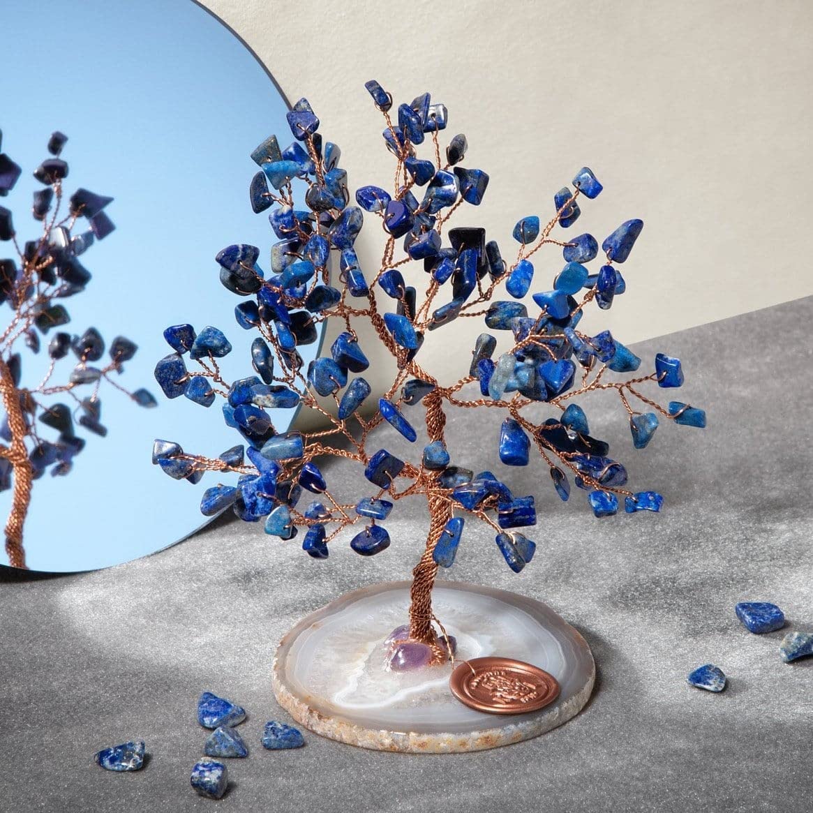 The Wisdom Keeper - Real Lapis Lazuli Stone Feng Shui Tree of Life to Manifest Your Dreams for Deep Grounding, Growth, and Fertility Hand-Wrapped with Copper Wire on Geode Base