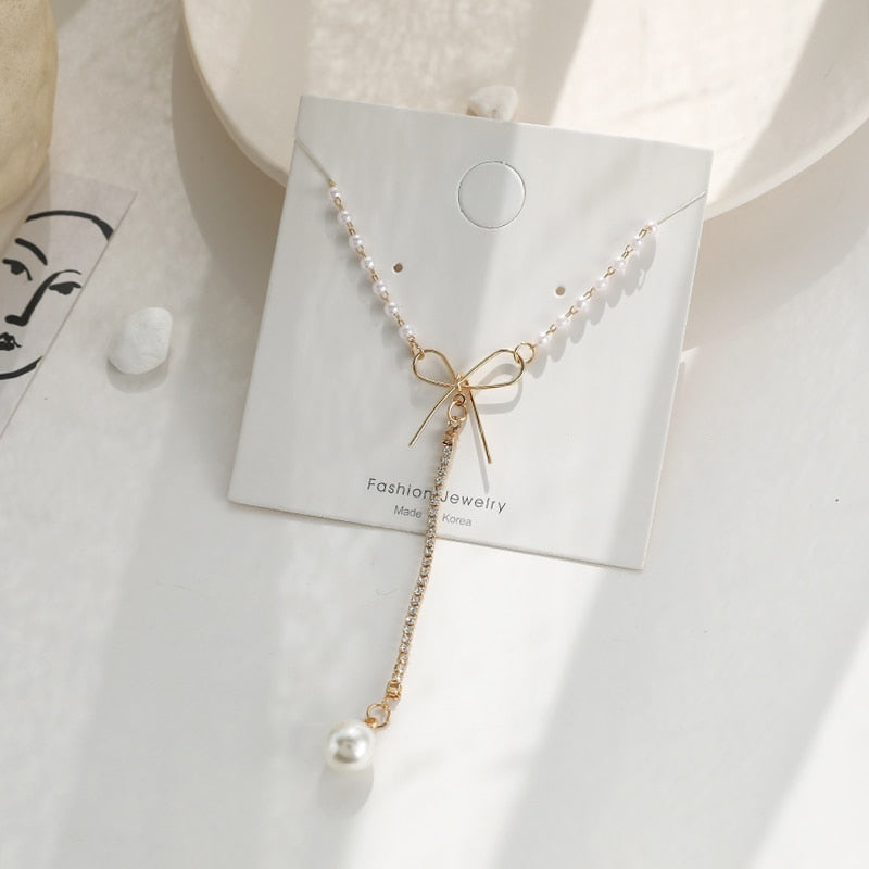 women geometry necklace, pearl asymmetry of fashionable, metal, aureate bowknot, collarbone chain necklace fashion